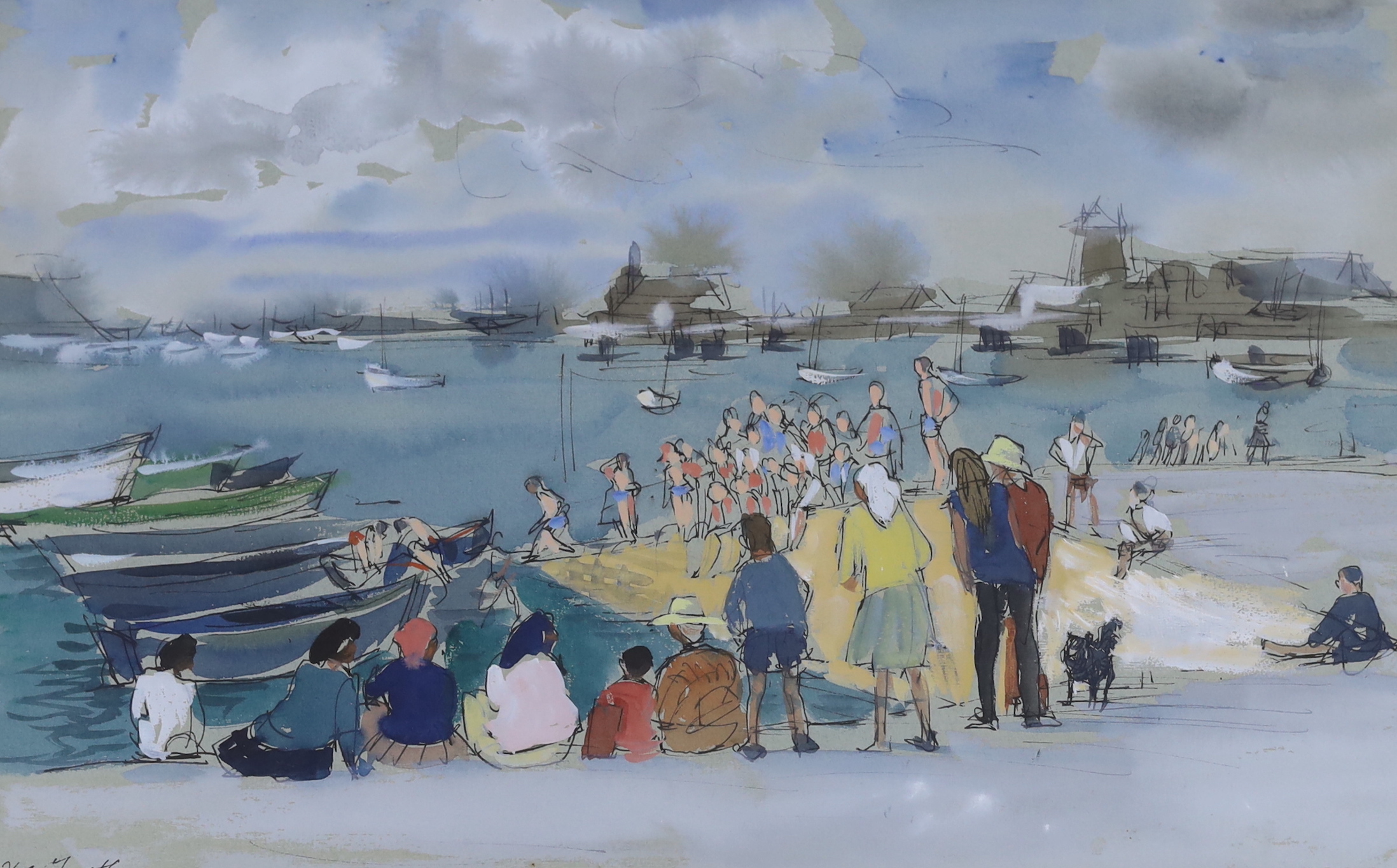 Hubert Andrew Freeth RA (1912-1986), pen, ink and watercolour, Swimmers on shipway and Onlookers nearby, signed, inscribed verso, 27 x 42cm